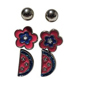 Boho Flower Moon Silver Tone Post Stud Earrings Set 3 pairs Fashion Jewelry